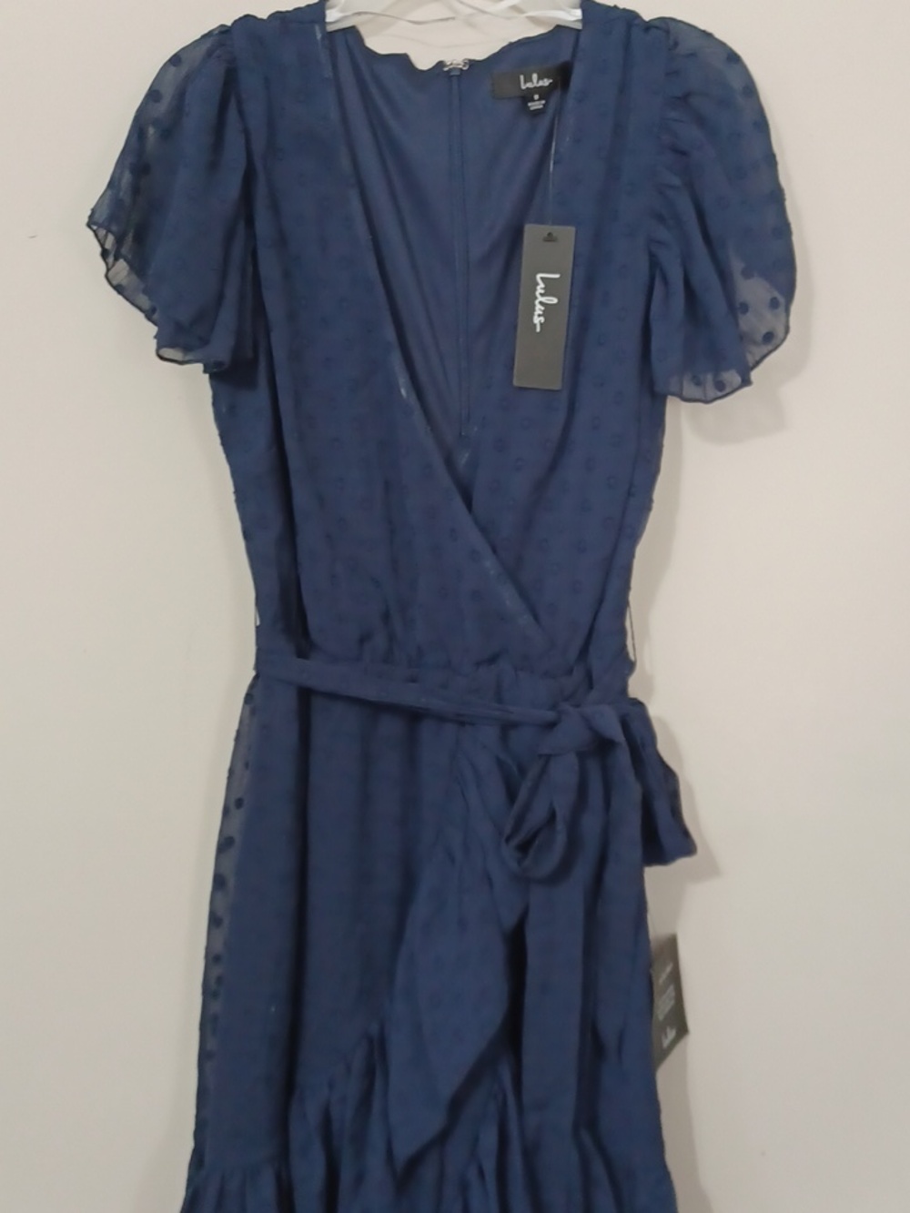 Lulu's Navy Blue Have Harmony Swiss Dot Ruffles Wrap Midi Dress . NWT. Size S - Picture 4 of 13